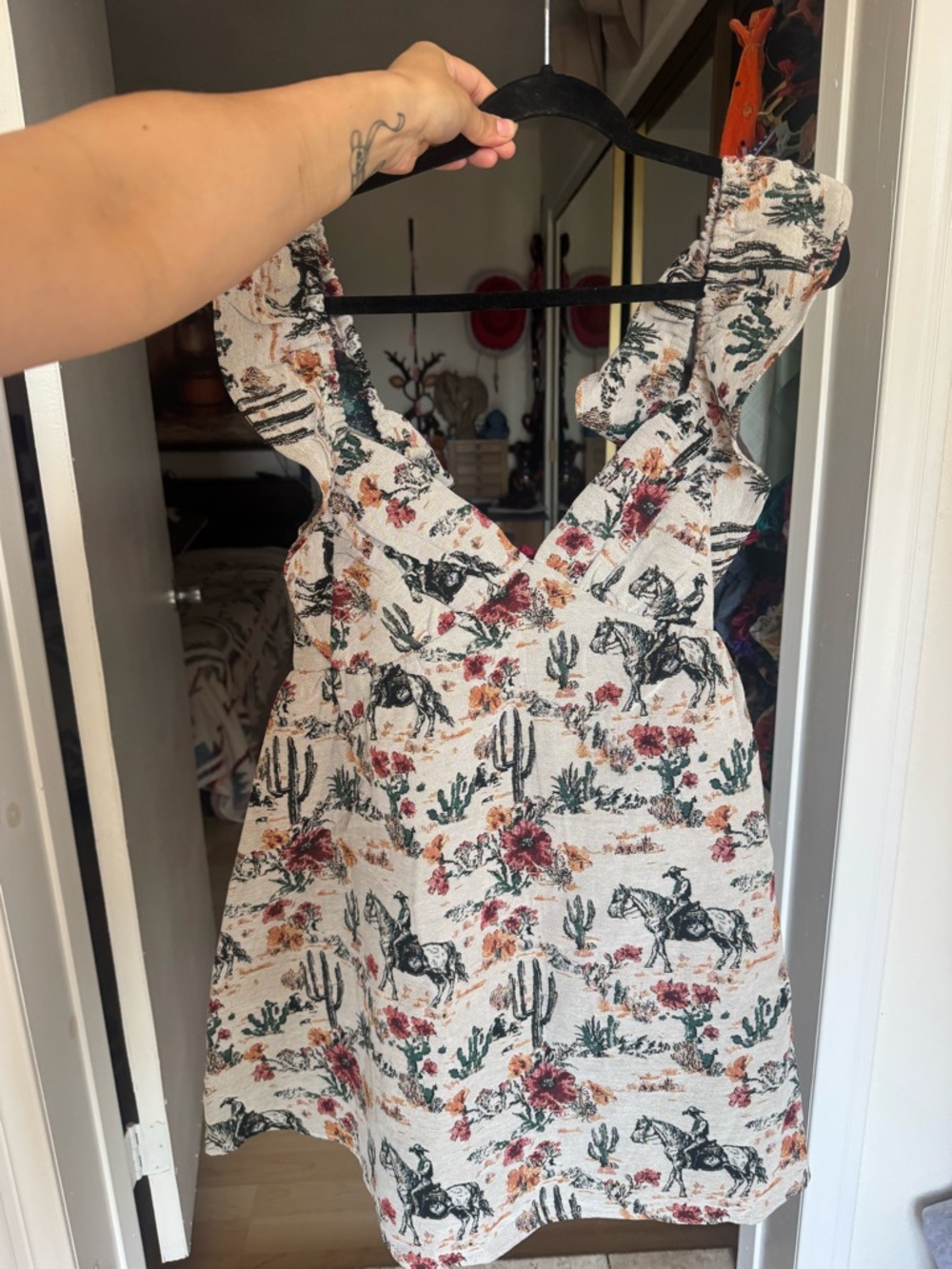 Western Print Sleeveless cactus cowboy White with Burgundy & Green dress